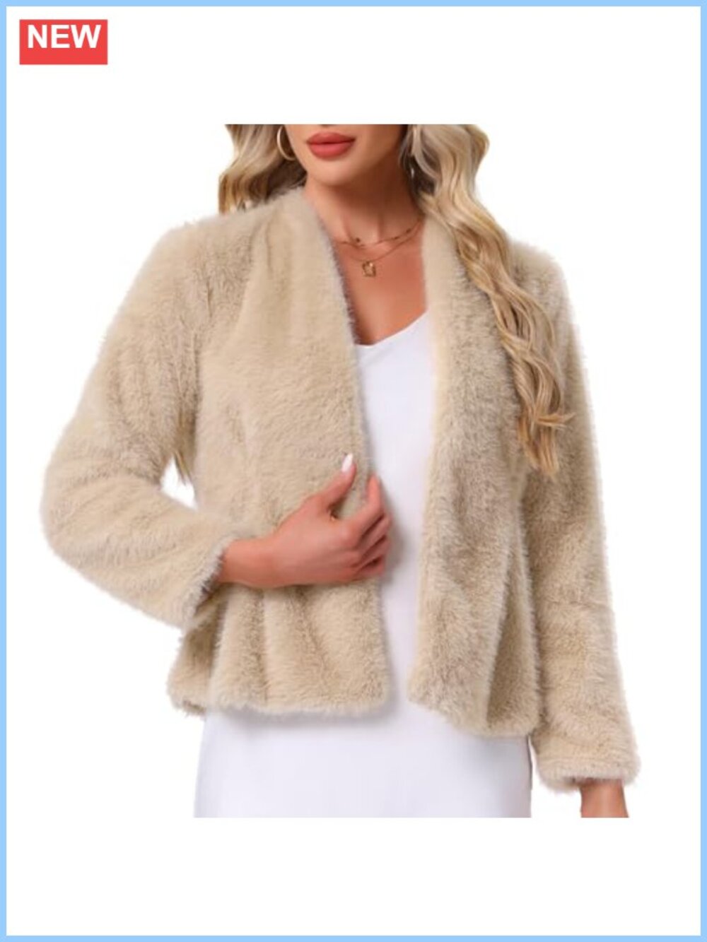 Faux Fur Coat Collarless Open Front Fluffy Evening Jacket